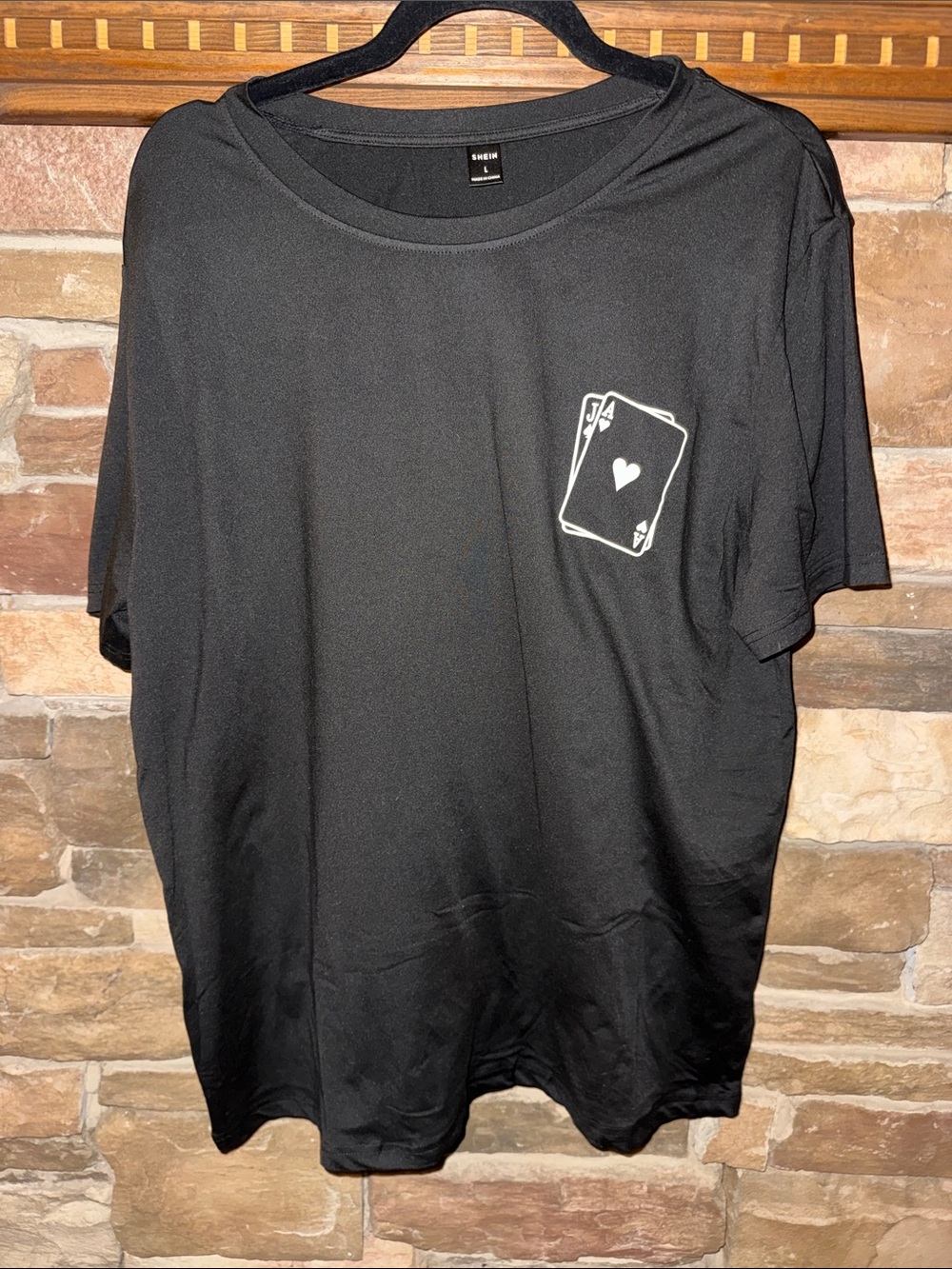 SHEIN Black Short Sleeve Tee with Playing Card Pocket Graphic